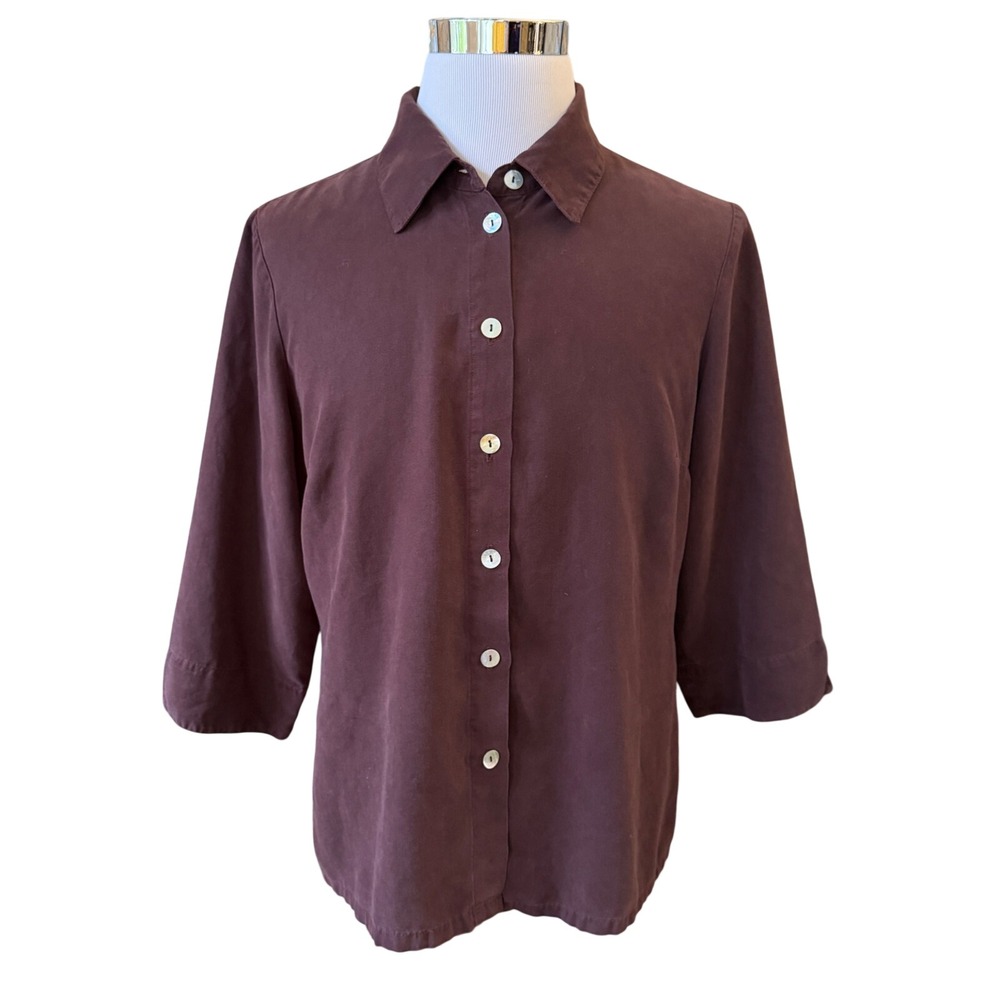 Russ Berens Malibu Button Down Womens XL Brown Tencel Mother of Pearl USA Made